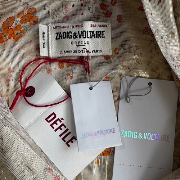 NWT Zadig & Voltaire Tioly Gold Lame Flowers Blouse Necktie Size XS 70s Boho - Picture 9 of 13